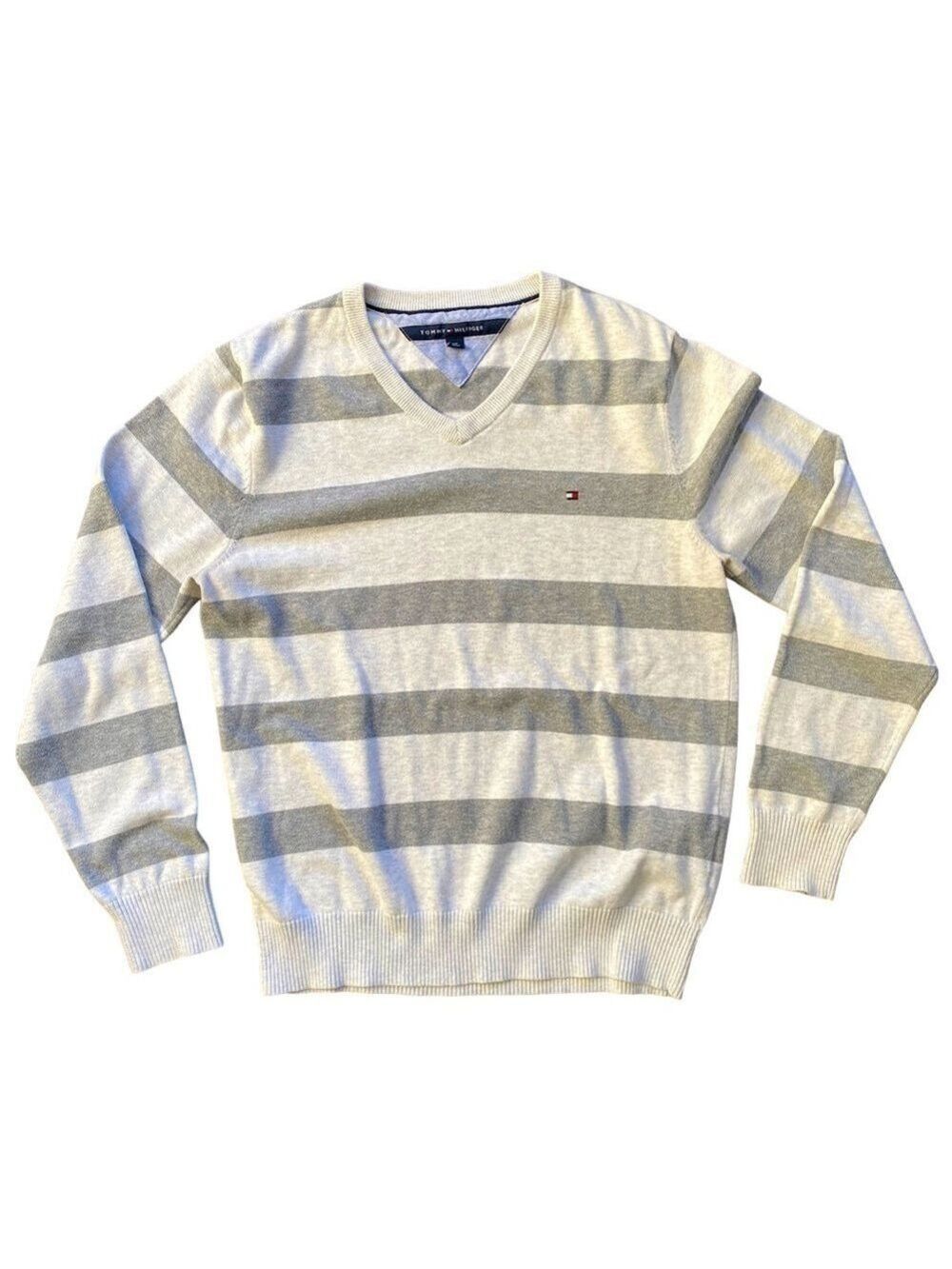 Tommy Hilfiger Gray Cream Striped V Neck Sweater Small
